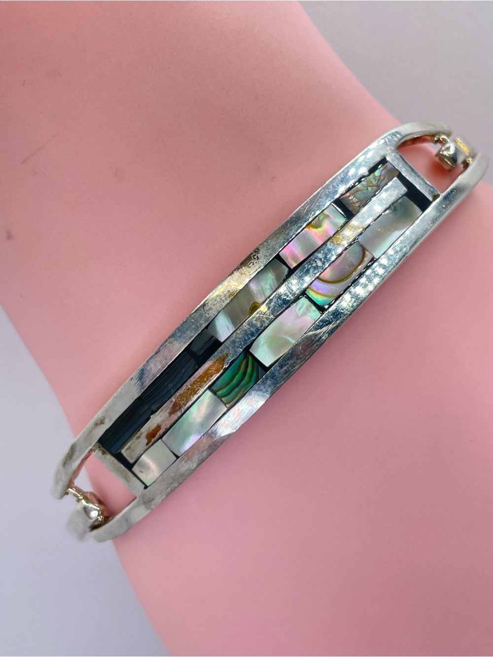 Vintage Taxco Mexico Silver Overlay Abalone Hinged Bangle Bracelet Southwestern